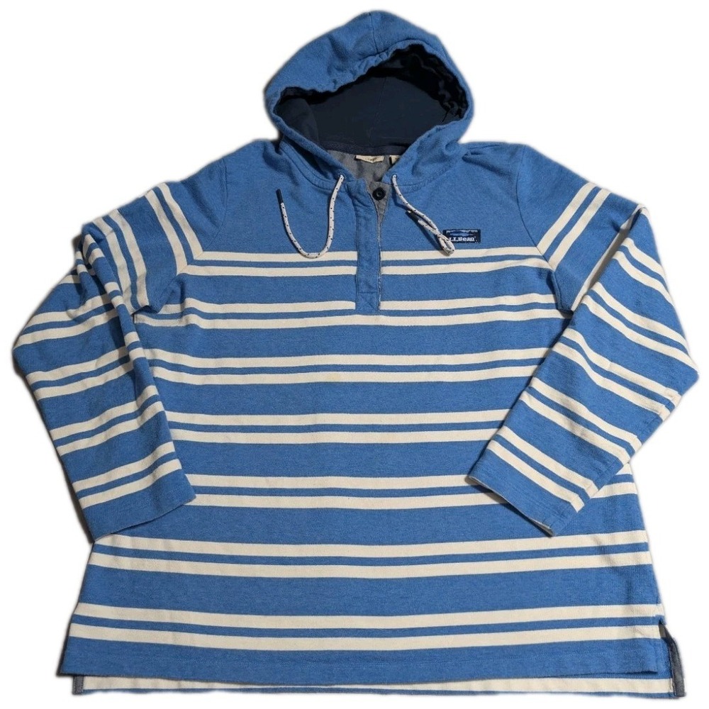 L.L.Bean Soft Cotton Rugby Hoodie Pullover Womens XL Blue White Striped